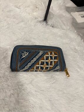 Navy Embroidered Zip Wallet with Gold Hardware